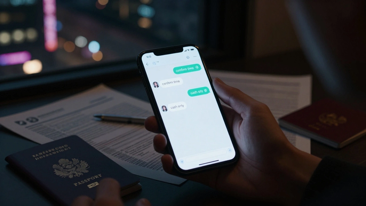 A smartphone displays encrypted chat messages about an escort meeting, surrounded by travel documents in a dark hotel room.