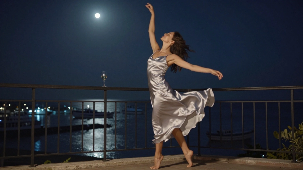 A woman dancing barefoot on a moonlit balcony, silk dress swirling, alone in a moment of quiet joy under the stars.