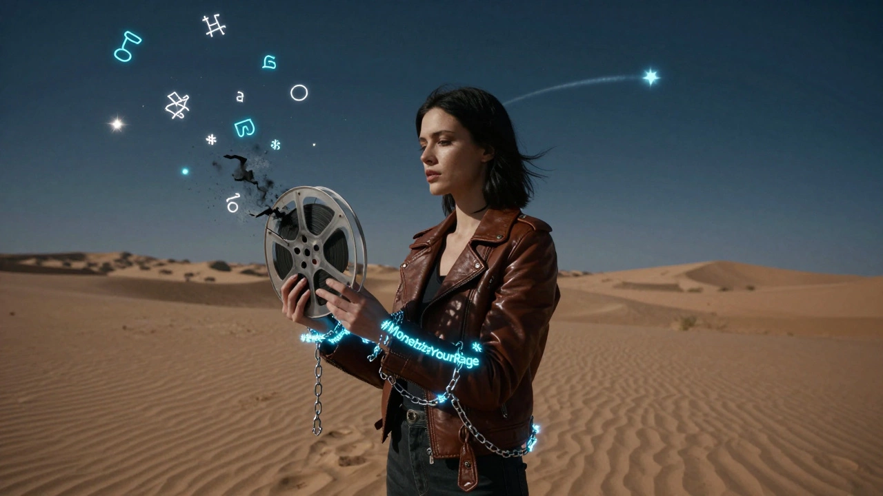 A woman in the desert watches a film reel turn to ash as digital chains dissolve into hashtags around her wrists.