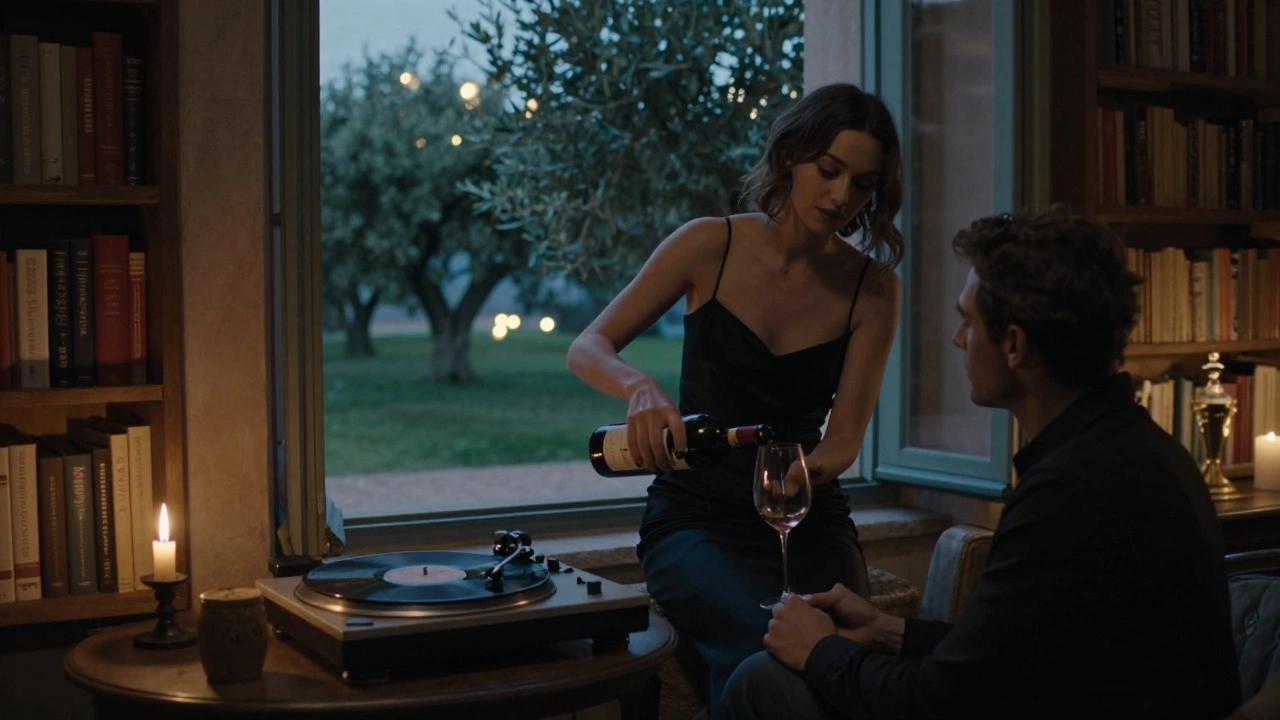 An intimate lounge with a woman pouring wine by candlelight, a vinyl record playing, and moonlit olive trees visible through the window.