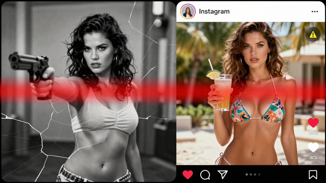 Fractured social media feed: a film still with a gun is censored, while a filtered influencer post is promoted with likes.