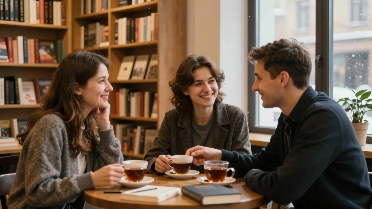 People from different countries share a quiet moment over tea at a Moscow bookstore café, engaging in genuine conversation.